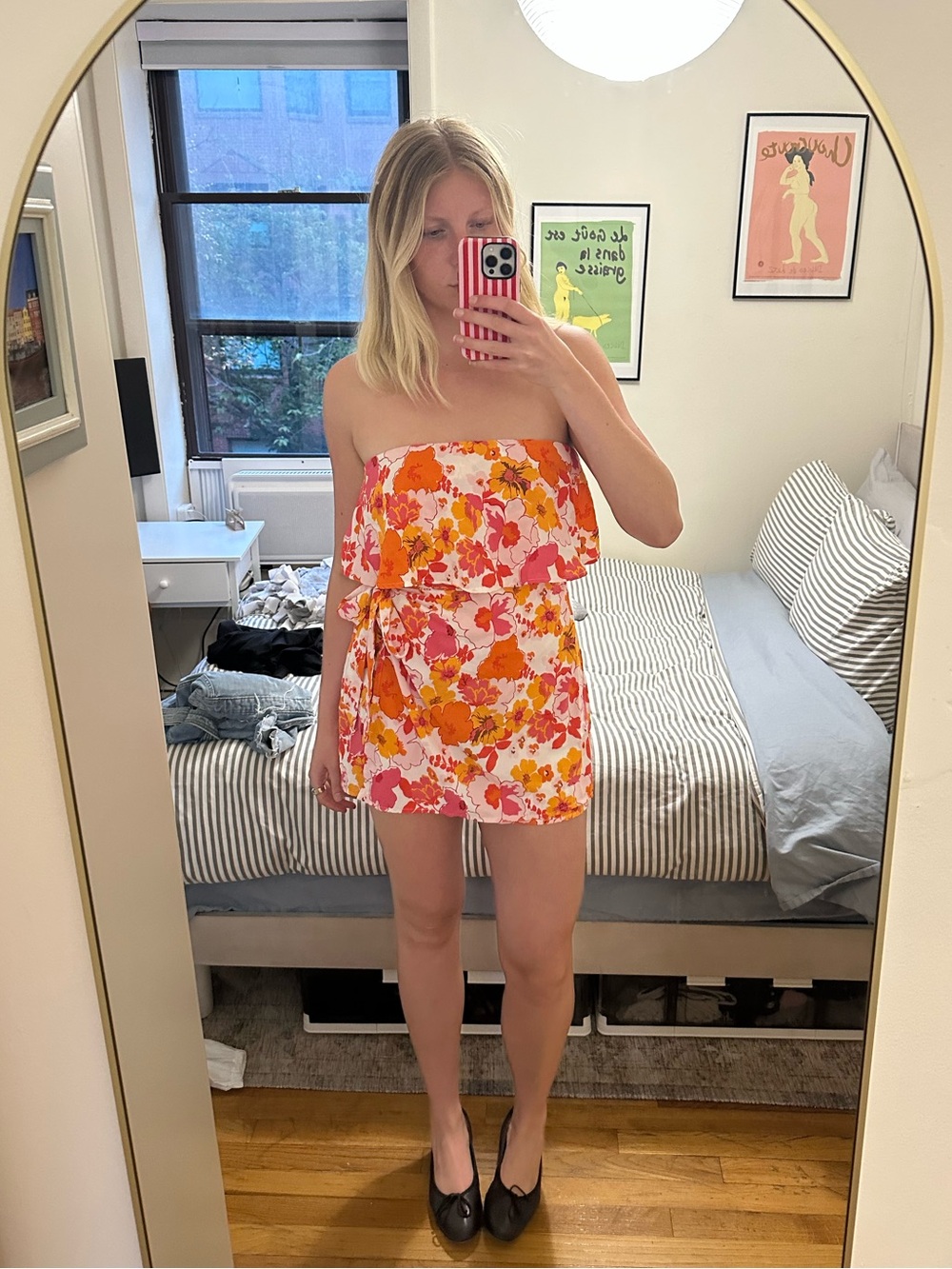 Lush Strapless Floral Mini Dress/Romper in Pink & Orange